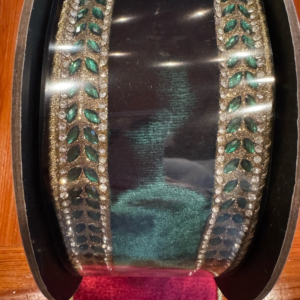 D. Stevens Emerald green velvet jeweled ribbon with gold back 2.5” x 5 yds